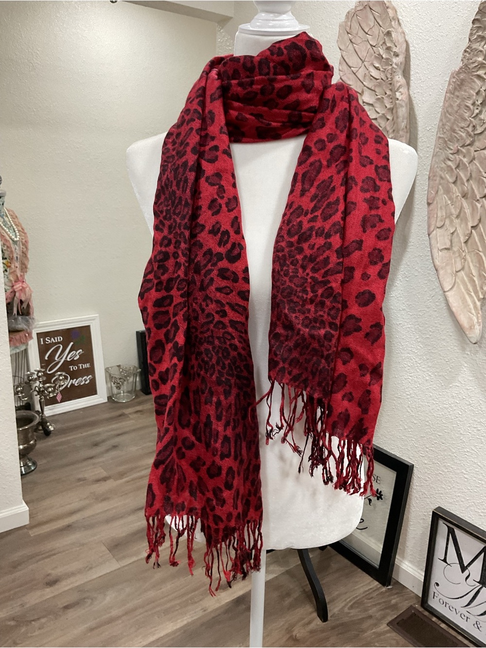 Red Leopard Print Fringe Scarf - Women Accessories